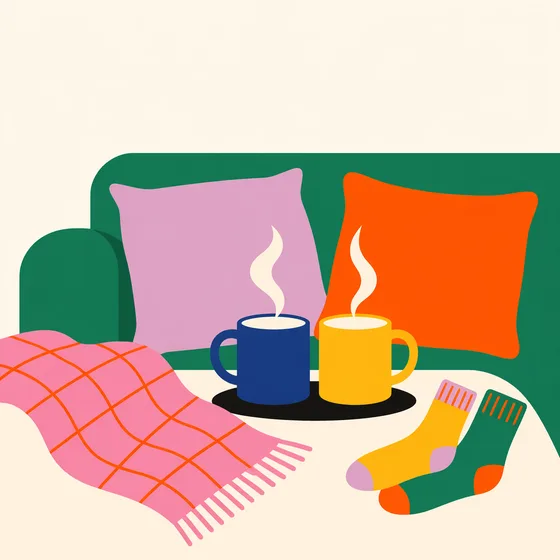 Illustration d'un canapé avec deux tasses fumantes, un plaid rose et des chaussettes colorées
