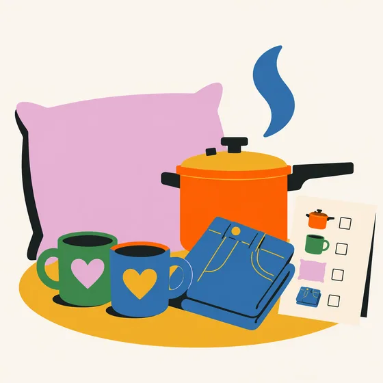 Illustration de deux mugs, d'une cocotte-minute et d'une checklist avec une pile de jeans