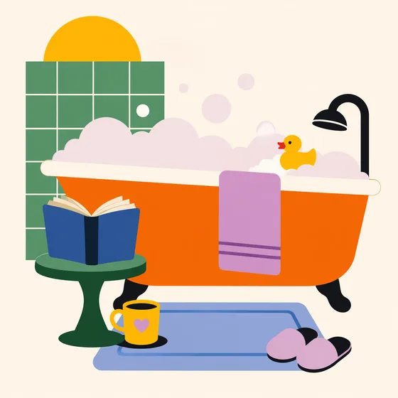 Illustration d'une baignoire orange avec un livre, un canard, une tasse jaune et des chaussons roses