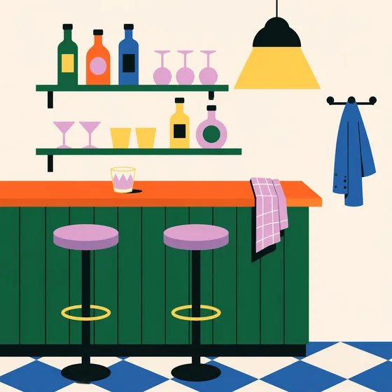 Illustration d'un comptoir de bar avec bouteilles, tabourets, lampe suspendue et veste bleue
